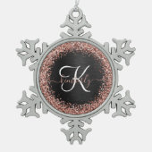 Custom Rose Gold Glitzer Black Sparkone Monogram Schneeflocken Zinn-Ornament (Vorderseite)