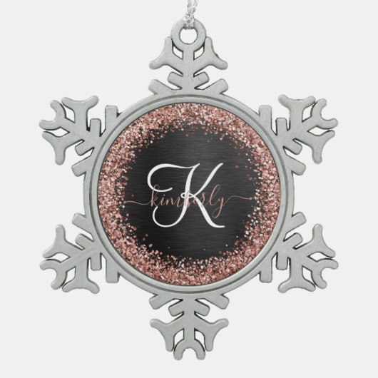 Custom Rose Gold Glitzer Black Sparkone Monogram Schneeflocken Zinn-Ornament (Vorderseite)