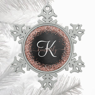 Custom Rose Gold Glitzer Black Sparkone Monogram Schneeflocken Zinn-Ornament