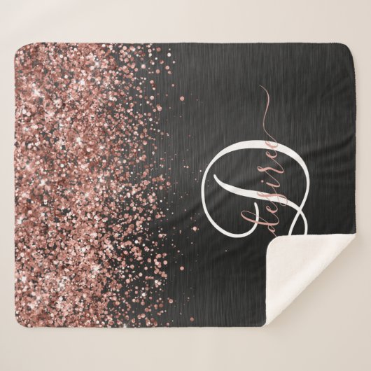 Custom Rose Gold Glitzer Black Sparkone Monogram Sherpadecke (Vorderseite (Horizontal))