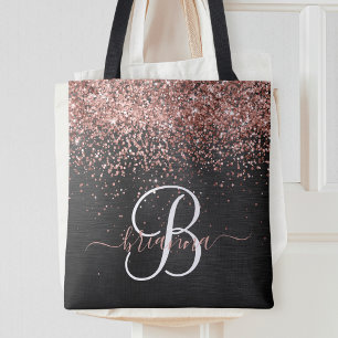 Custom Rose Gold Glitzer Black Sparkone Monogram Tasche