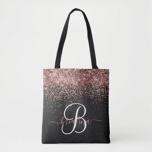 Custom Rose Gold Glitzer Black Sparkone Monogram Tasche (Vorderseite)