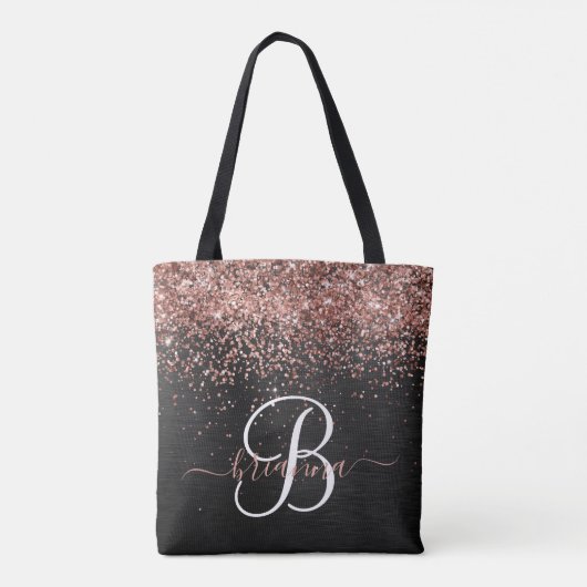 Custom Rose Gold Glitzer Black Sparkone Monogram Tasche (Rückseite)
