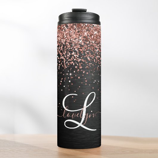 Custom Rose Gold Glitzer Black Sparkone Monogram Thermosbecher