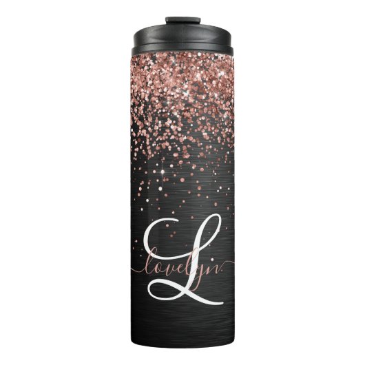 Custom Rose Gold Glitzer Black Sparkone Monogram Thermosbecher (Vorderseite)