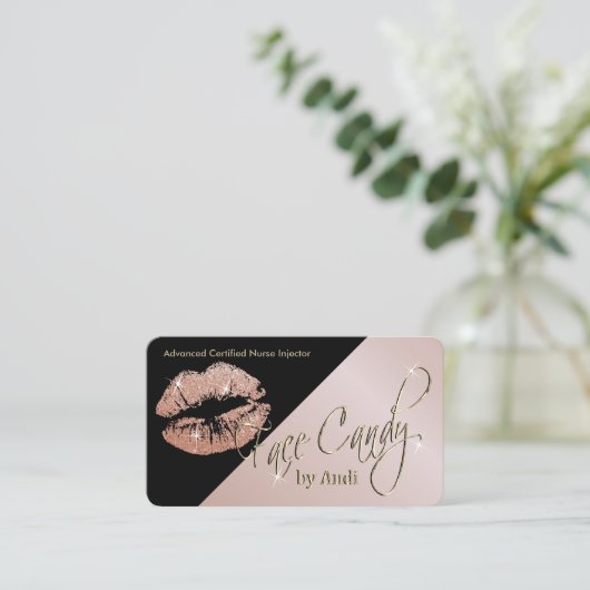 Custom - Rose Gold Glitzer Lippen auf dem schwarze Visitenkarte (Stehend Vorderseite)