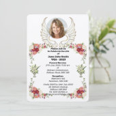 Custom Rose Wings Foto Beerdigung Einladung (Stehend Vorderseite)