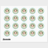 Custom Round Birthday Photo Beige & Turquoise Runder Aufkleber (Blatt)