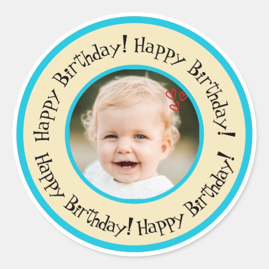 Custom Round Birthday Photo Beige & Turquoise Runder Aufkleber (Vorderseite)