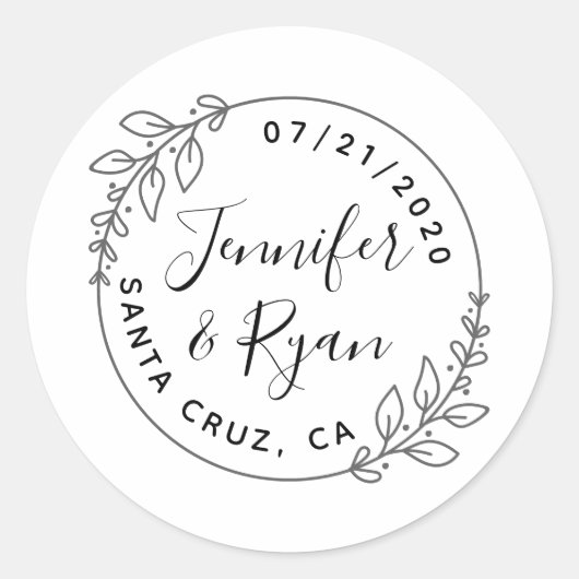 Custom Round Laurel Wreath Wedding Save the Date Runder Aufkleber (Vorderseite)