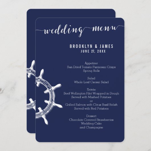 Custom Round Nautical Navy Blue Wedding Menu Wheel Menükarte (Vorne/Hinten)