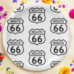 Custom Route 66 Sign Pappteller<br><div class="desc">Customize this design and create your own personalized Route 66 Paper Plate. You can TRANSFER this DESIGN on other Zazzle products and adjust it to fit most of Zazzle items. You can also click the CUSTOMIZE button to add, delete or change details like background color, text, font or some graphics....</div>