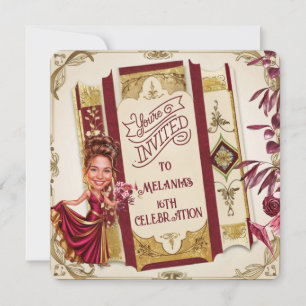 Custom Ruby Red and gold Sweet 16 Karikatur Einladung