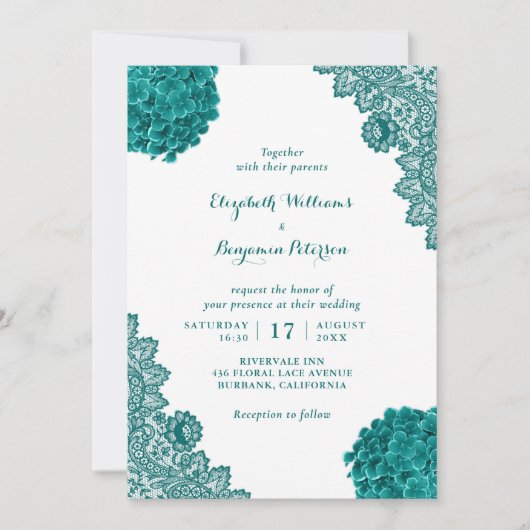 Custom Rustic Aquamarin Hydrangea Floral Lace Wedd Einladung (Vorderseite)