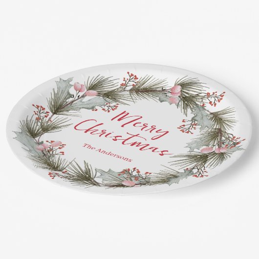 Custom Rustic Elegant Watercolor Christmas Wreath Pappteller (Schrägansicht)