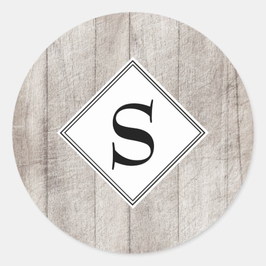 Custom Rustic Grey Wood Monogram Umschlag Aufklebe Runder Aufkleber (Vorderseite)