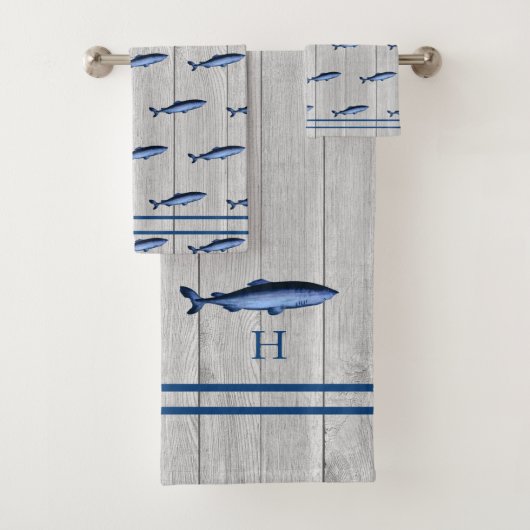 Custom Rustic Nautical Shark Blue Gray Wood Badhandtuch Set (Insitu)
