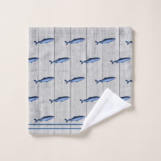 Custom Rustic Nautical Shark Blue Gray Wood Badhandtuch Set (Waschlappen)
