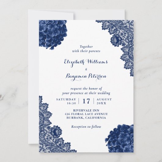 Custom Rustic Navy Blue Hydrangea Floral Wedding Einladung (Vorderseite)