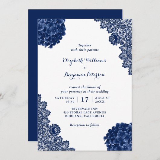 Custom Rustic Navy Blue Hydrangea Floral Wedding Einladung (Vorne/Hinten)