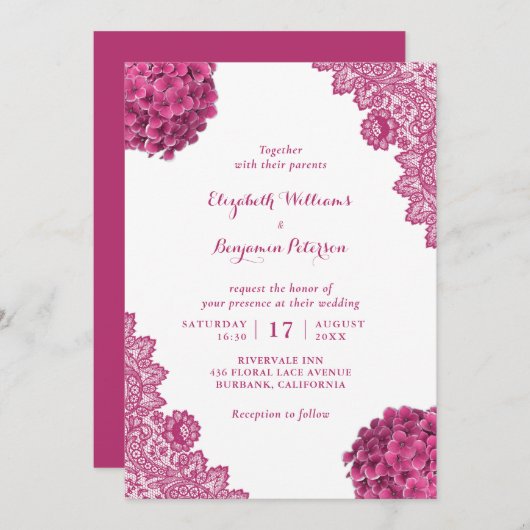 Custom Rustic Pink Hydrangea Bloral Lace Wedding Einladung (Vorne/Hinten)