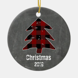 Custom Rustic Red Plaid Tree & Chalkboard Photo Keramik Ornament