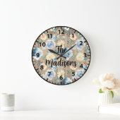 Custom Rustic Wood Blume Blue Creme Große Wanduhr (Zuhause)