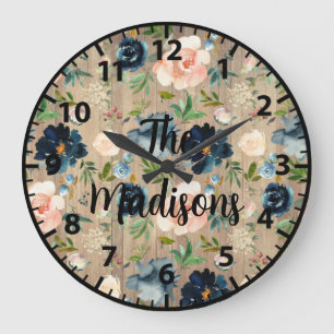 Custom Rustic Wood Blume Elegant Navy Blue Pink Große Wanduhr