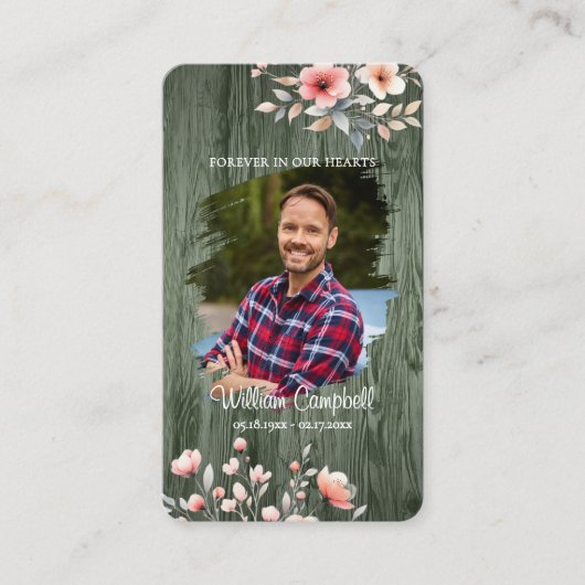 Custom Rustic Wood Botanical Photo Memorial Card Visitenkarte (Vorderseite)