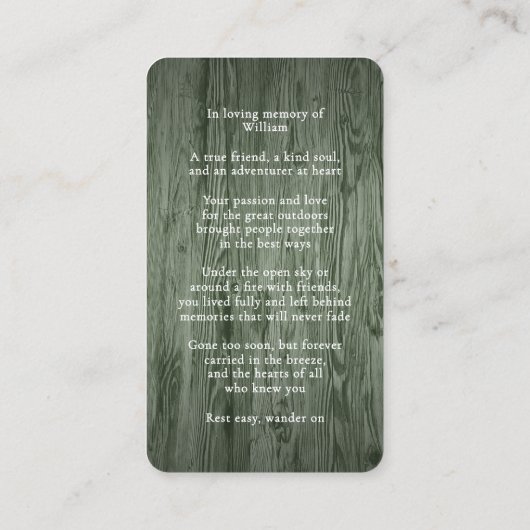 Custom Rustic Wood Botanical Photo Memorial Card Visitenkarte (Rückseite)