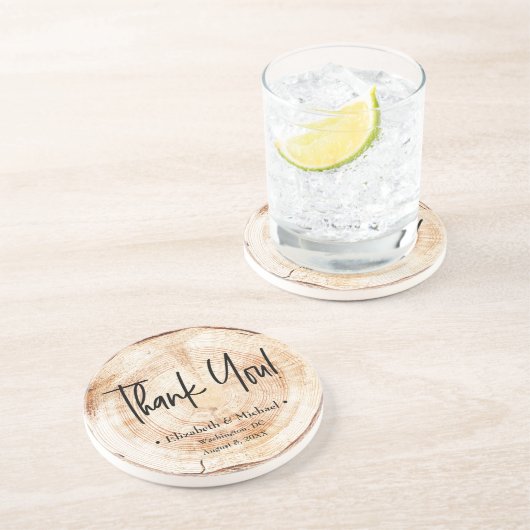 Custom Rustic Wood Disk Vielen Dank Script Wedding Getränkeuntersetzer (Seite)