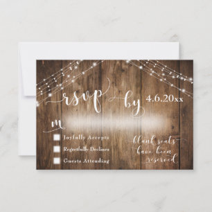 Custom Rustic Wood & Lights Wedding RSVP Karte