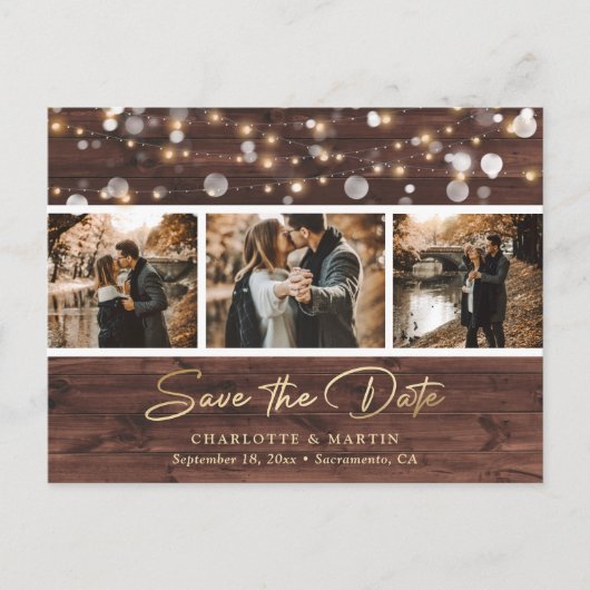 Custom Rustic Wood Wedding 3 Foto Save the Date Ankündigungspostkarte (Vorderseite)