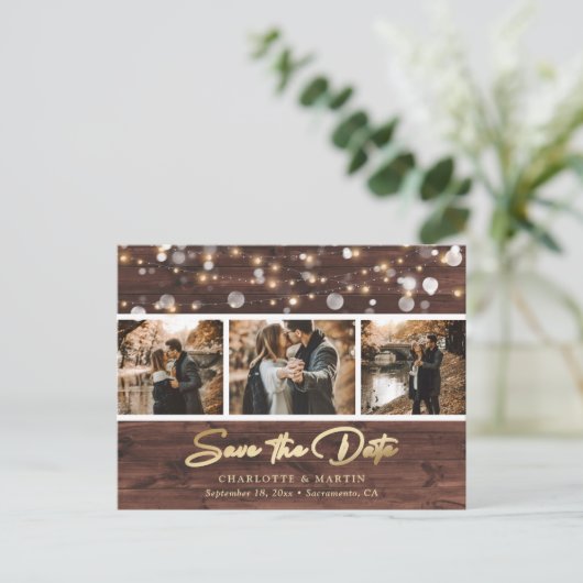 Custom Rustic Wood Wedding 3 Foto Save the Date Ankündigungspostkarte (Stehend Vorderseite)
