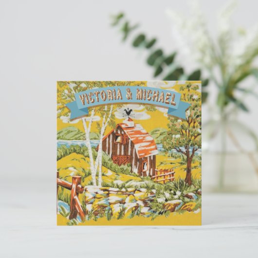 Custom Rustic Woodland Barn Wedding Einladung (Stehend Vorderseite)