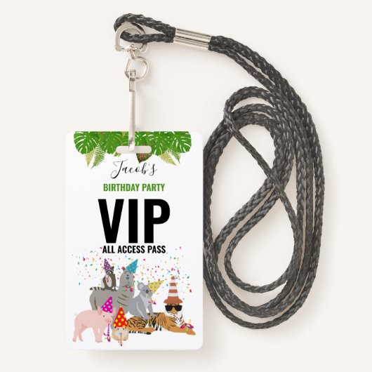 Custom Safari Jungle Zoo Birthday Party Pass Gefal Ausweis (Vorderseite mit Schlüsselband)