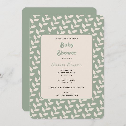 Custom Sage Green 70er Retro Leaf Babydusche Einladung (Vorne/Hinten)