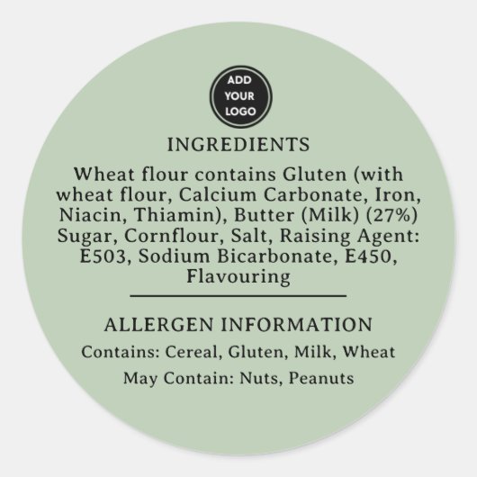 CUSTOM Sage Green Allergy Alert Bakery Sticker (Vorderseite)