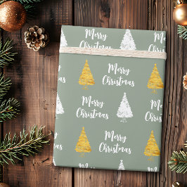 Custom Sage Green White Golden Christmas Tree Geschenkpapier