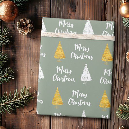 Custom Sage Green White Golden Christmas Tree Geschenkpapier