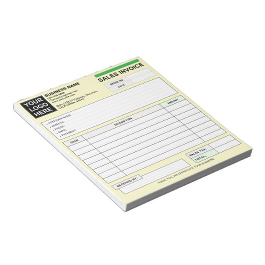 Custom Sales Invoice Receipt Logo, Carbonless Form Notizblock (angewinkelt)