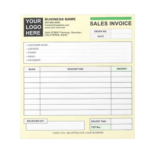 Custom Sales Invoice Receipt Logo, Carbonless Form Notizblock (Vorderseite)