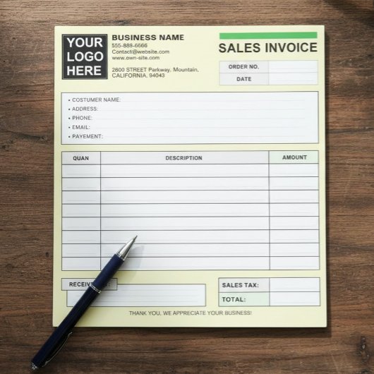 Custom Sales Invoice Receipt Logo, Carbonless Form Notizblock