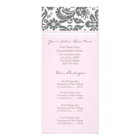 Custom Salon Rack Cards Pink Grau Damask Werbekarte (Vorne)