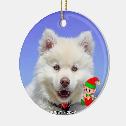 Custom Samoyed Dog Foto mit Niedlichem Elf Keramik Ornament (Links)