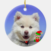 Custom Samoyed Dog Foto mit Niedlichem Elf Keramik Ornament (Hinten)