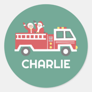 Custom Santa Claus auf einem Weihnachtsfeuerwagen Runder Aufkleber