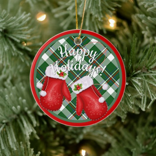 Custom Santa Claus Mittens Red Green Plaid Pattern Keramik Ornament (Baum)