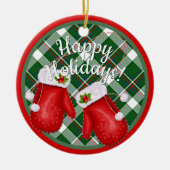 Custom Santa Claus Mittens Red Green Plaid Pattern Keramik Ornament (Vorne)