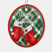 Custom Santa Claus Mittens Red Green Plaid Pattern Keramik Ornament (Links)